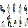 People In Various Poses Reading Books And Using Devices With Different Outfits 3d model