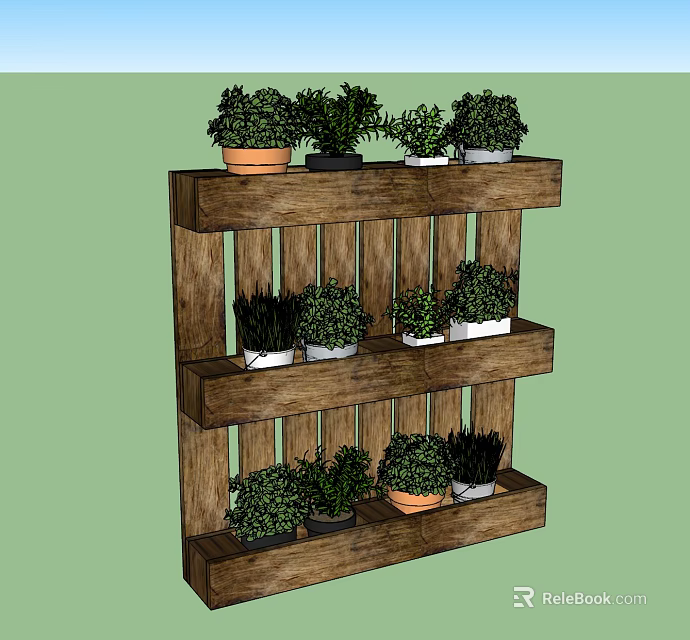 Three Tier Wooden Rack With Neatly Arranged Decorative Bonsai Potted Plants 3d model 