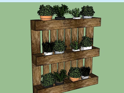 Three Tier Wooden Rack With Neatly Arranged Decorative Bonsai Potted Plants 3d model