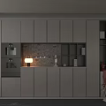 Modern Sideboard with White Cabinets Black Open Shelves Built-in Appliances and Decorative Items