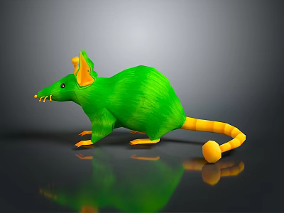 3D Green Rodent Character With Yellow Ears And Tail Standing On Reflective Surface 3d model