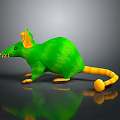 3D Green Rodent Character With Yellow Ears And Tail Standing On Reflective Surface