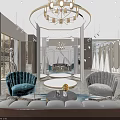 Modern Elegant Bridal Shop Interior With Chandelier Mannequins Wedding Dresses And Round Display Tables