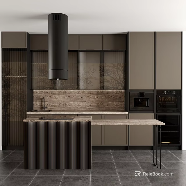 Modern Kitchen Interior Design With Sleek Island Counter And Dark Wood Cabinets 3d model 