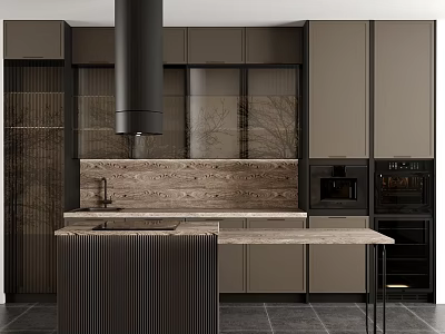 Modern Kitchen Interior Design With Sleek Island Counter And Dark Wood Cabinets 3d model