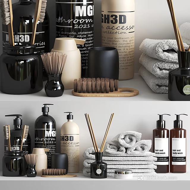 Stylish Bathroom Accessories with Towels Brush Glass Bottles and Diffuser Sticks 3d model 