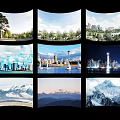 Diverse Scenic Views Featuring Natural Landscapes Urban Skylines And Snowy Mountains