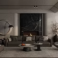 Elegant Modern Living Room With Gray Sofa Round Coffee Table And Black Marble Fireplace