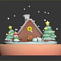 Cartoon Winter Scene With Gingerbread House Snow Roof Christmas Trees Stars Snowman And Falling Snowflakes