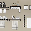 Stylish White Bath Towels on Black Racks with Rolled Towels and Bathroom Accessories