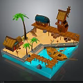 Modern Tropical Scene With Wooden Buildings Palm Trees Wooden Bridge Boat And Water Area