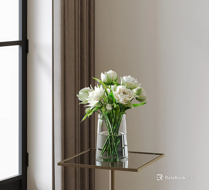 Transparent Glass Vase With White Flowers On Metal Frame Glass Table Near Curtain And Window 3d model 
