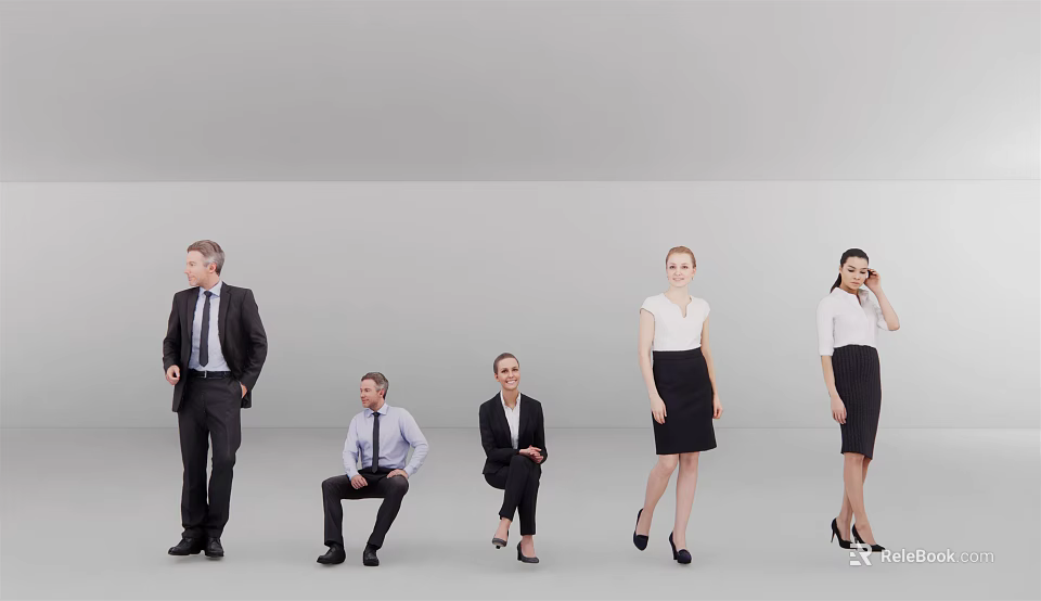 Group of professional people in business attire with different poses against grey background 3d model 