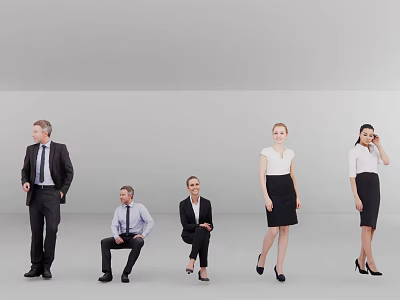Group of professional people in business attire with different poses against grey background 3d model