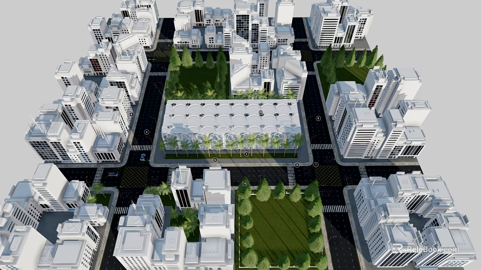 Cartoon City Aerial View With White Buildings Green Lawns Trees And Roads 3d model 