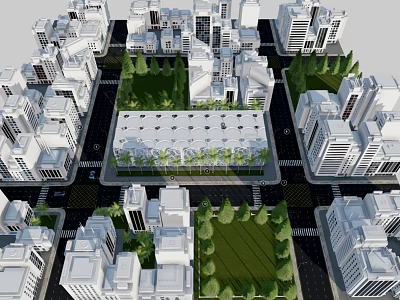 Cartoon City Aerial View With White Buildings Green Lawns Trees And Roads 3d model