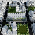 Cartoon City Aerial View With White Buildings Green Lawns Trees And Roads