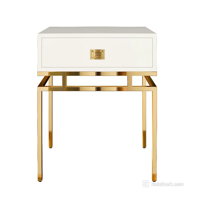 Modern White Nightstand With Single Drawer Gold Handle And Gold Metal Legs 3d model 