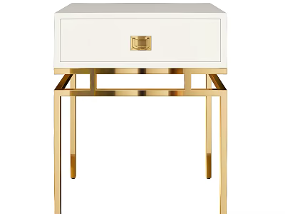 Modern White Nightstand With Single Drawer Gold Handle And Gold Metal Legs 3d model