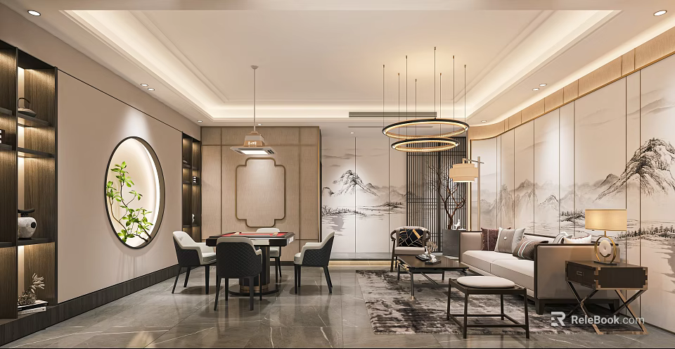 Modern Entertainment Room Interior With Sofa Game Table And Pendant Lights 3d model