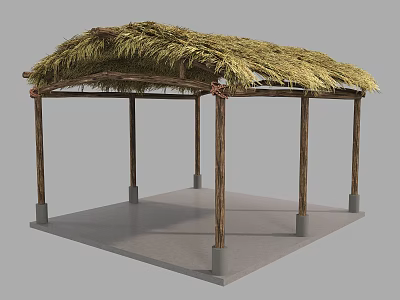 Traditional Thatch Roof Pavilion Structure With Wooden Support Pillars And Concrete Platform Base 3d model