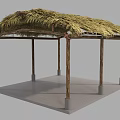 Traditional Thatch Roof Pavilion Structure With Wooden Support Pillars And Concrete Platform Base