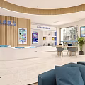 Modern Hotel Lobby With Large Blue Digital Screen Blue Sofas Wooden Decor And Green Plants