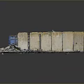Rusty And Blue Containers Filled With Tires And Metal Scraps In Wooden Enclosed Area
