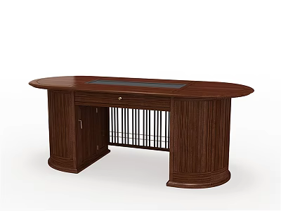 Traditional Dark Brown Wooden Tea Table and Chairs With Curved Top Drawer and Openwork Panel 3d model