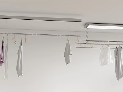 Metal Hanging Hangers on Ceiling with Various Colored Clothes in Modern Minimalist White Room 3d model