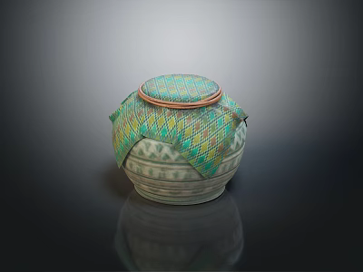 Woven Storage Container With Green Blue Patterned Lid And Geometric Design 3d model