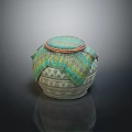 Woven Storage Container With Green Blue Patterned Lid And Geometric Design 3d model