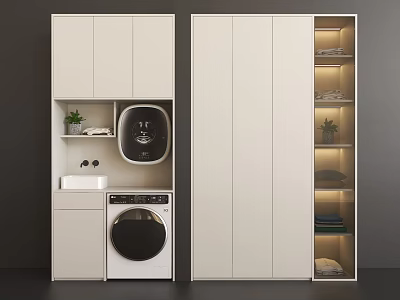 Modern Bathroom Cabinetry With Washing Machine Sink Lit Shelves And Storage Space 3d model