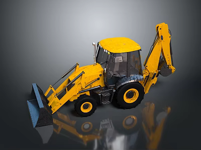 Yellow Backhoe Loader With Front Bucket Rear Digging Arm And Cab 3d model