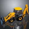 Yellow Backhoe Loader With Front Bucket Rear Digging Arm And Cab