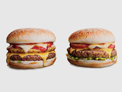Delicious Juicy Hamburgers With Double Beef Patties Cheese Tomato And Sesame Buns 3d model