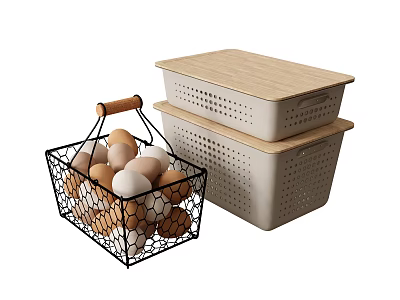 Decorative Ornament Combination Set With Wire Egg Basket And Storage Boxes With Wooden Lids 3d model