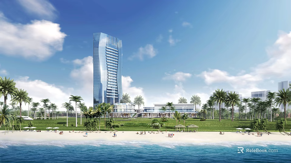 Modern Office Building with Sea View Glass Curtain Wall Lawn and Palm Trees 3d model 