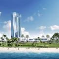 Modern Office Building with Sea View Glass Curtain Wall Lawn and Palm Trees