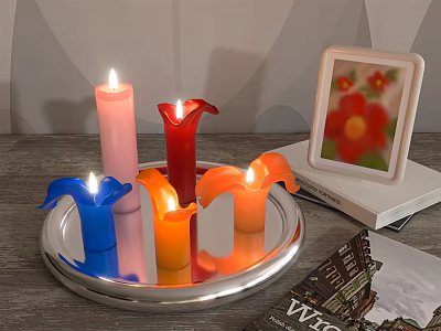 Colorful Lit Candle Lamps on Silver Tray with Photo Frame and Books 3d model