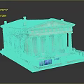 Cartoon Scene Featuring Classical Building Columns Gray Walls Black Roof Blue Signs And Flower Beds