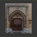Traditional Building Facade Featuring Arched Doorway Red Wooden Doors Stone Steps And Ornate Carvings