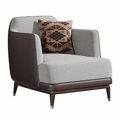 Modern Leisure Chair With Gray Fabric Upholstery Brown Leather Accents And Geometric Pattern Pillow 3d model