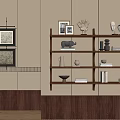 Beige Wall Interior Featuring Wooden Bookcase With Decor Books Sculptures And Vases