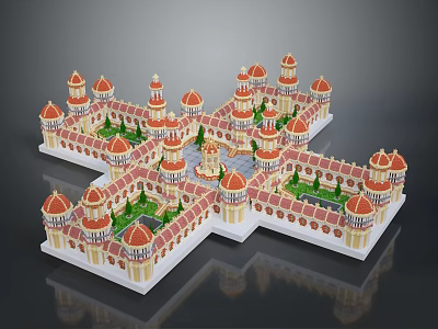 Palace Style Architectural Model Featuring Red Domes Yellow Walls And Green Courtyards 3d model