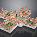 Palace Style Architectural Model Featuring Red Domes Yellow Walls And Green Courtyards