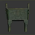 Ancient Bronze Vessel With Square Shape Decorative Handles Intricate Ornaments And Green Patina