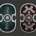 Decorative Shields with Green And Dark Red Backgrounds Featuring Figures Eagle Motifs And Gears