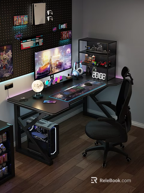 Gaming Desk Setup With RGB Lighting Monitor Keyboard Globe Lamp Headphones And PC Case 3d model 