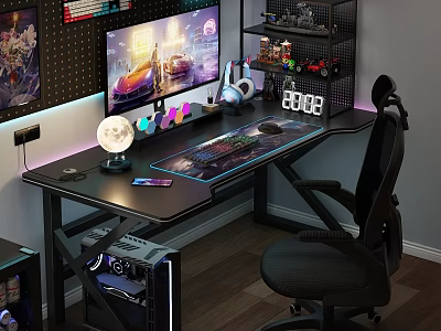 Gaming Desk Setup With RGB Lighting Monitor Keyboard Globe Lamp Headphones And PC Case 3d model